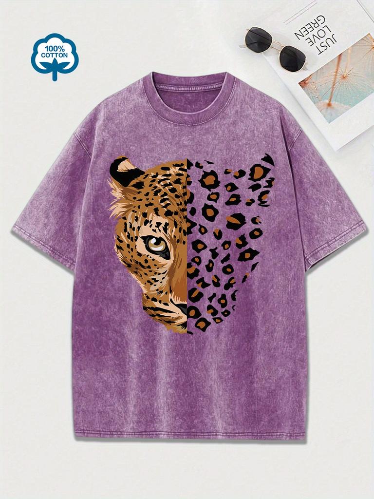 Washed Cotton T-shirt Women's Leopard Tiger Cartoon Print Short Sleeve T Shirt Graphic Tee Round Neck Top Casual Vintage
