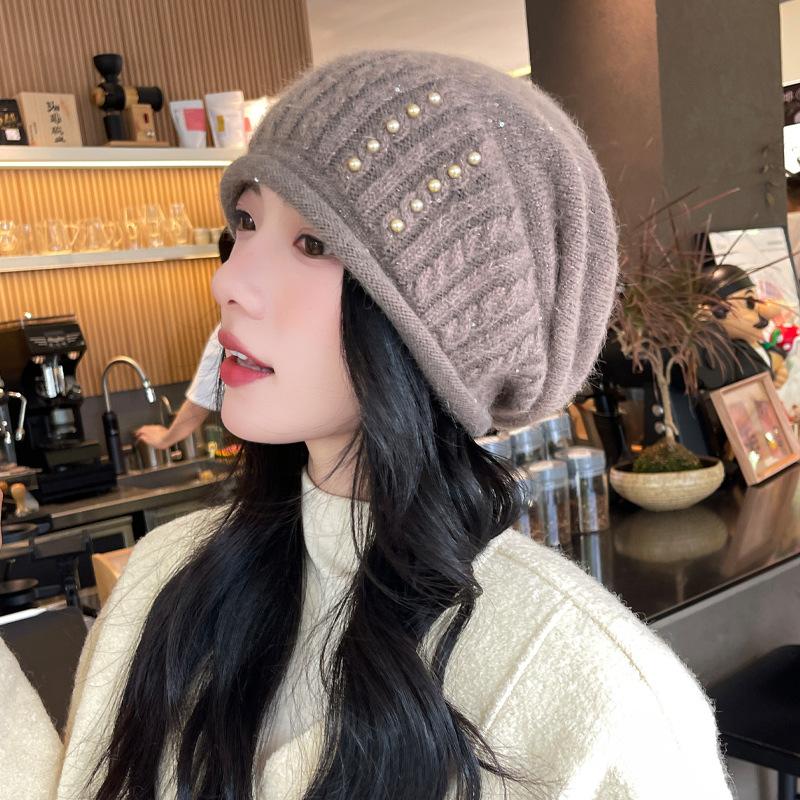 Autumn and Winter Hat Women's Warm Thickened Knitted Wool Hat Pearl Solid Color Hat  Autumn and Winter,  Beret for Women, Thick Pullover Hat