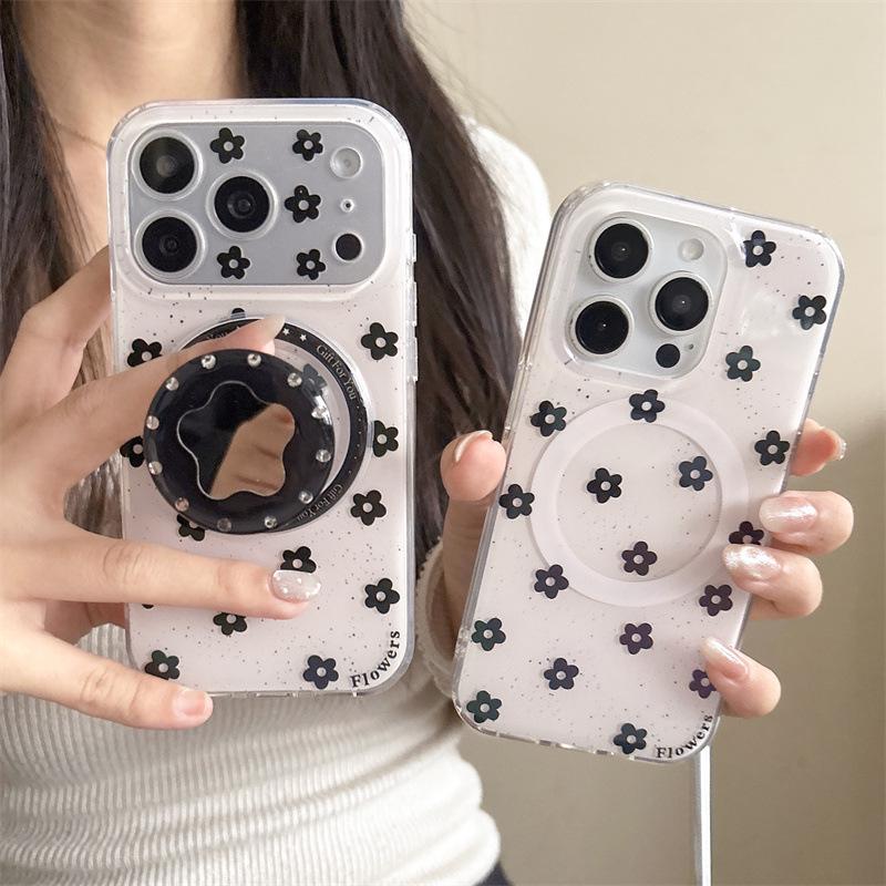 Elegant Black Flower Magnetic Case for iPhone 17/16 Pro Max/15/14 – Premium Spring Design