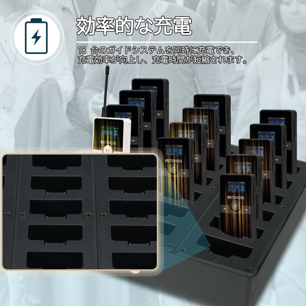 Retekess TT116 Wireless Guidance System with 1 Transmitter, 17 Receivers, a Head-Mounted Microphone, and an 18-Slot Charging Base. Radio Law