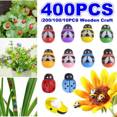 400/200/100PCS Micro Paesaggio Decorazione Ape in legno Coccinella Figurine Adesivi autoadesivi Giardino domestico Scarabeo Miniatura Bonsai Decorazione floreale
