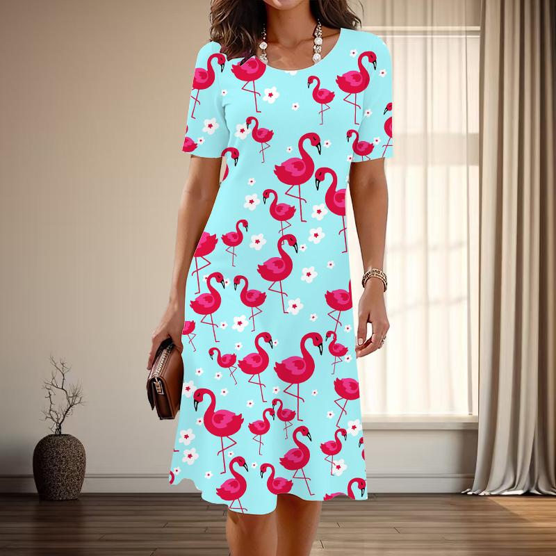 

Женская мода изящный фламинго принт лето весна короткий рукав О-образный вырез повседневные платья M синий