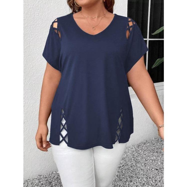 Plus Size Women T-Shirt Elegant Cross Strap Detail Solid Color Short Sleeve Fashion Top