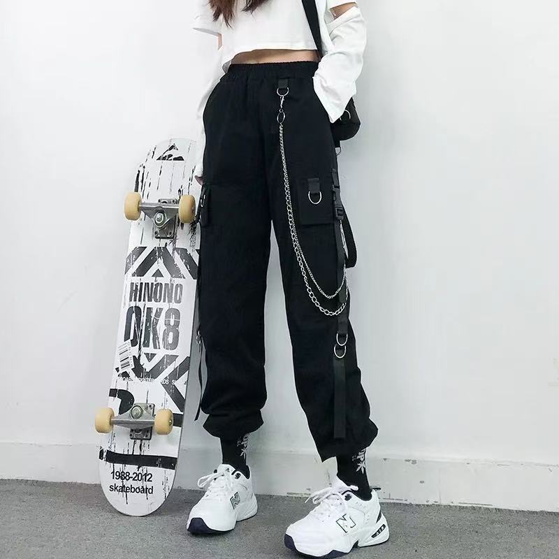 Hiphop Overalls Women's Small Feet Tied Black Chain Hip Hop Students Hip Hop Pants Are Thin High Waist Is Thin