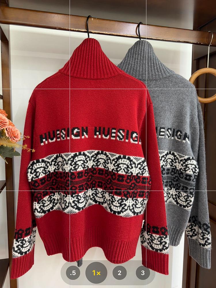 Women's High-Neck Jacquard Wool Half-Zip Cardigan - Autumn/Winter Fashion