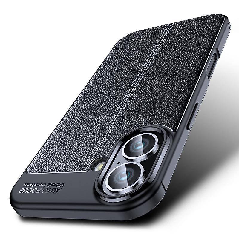 

For iPhone 16 Case Litchi Texture Back TPU Phone Cover Black