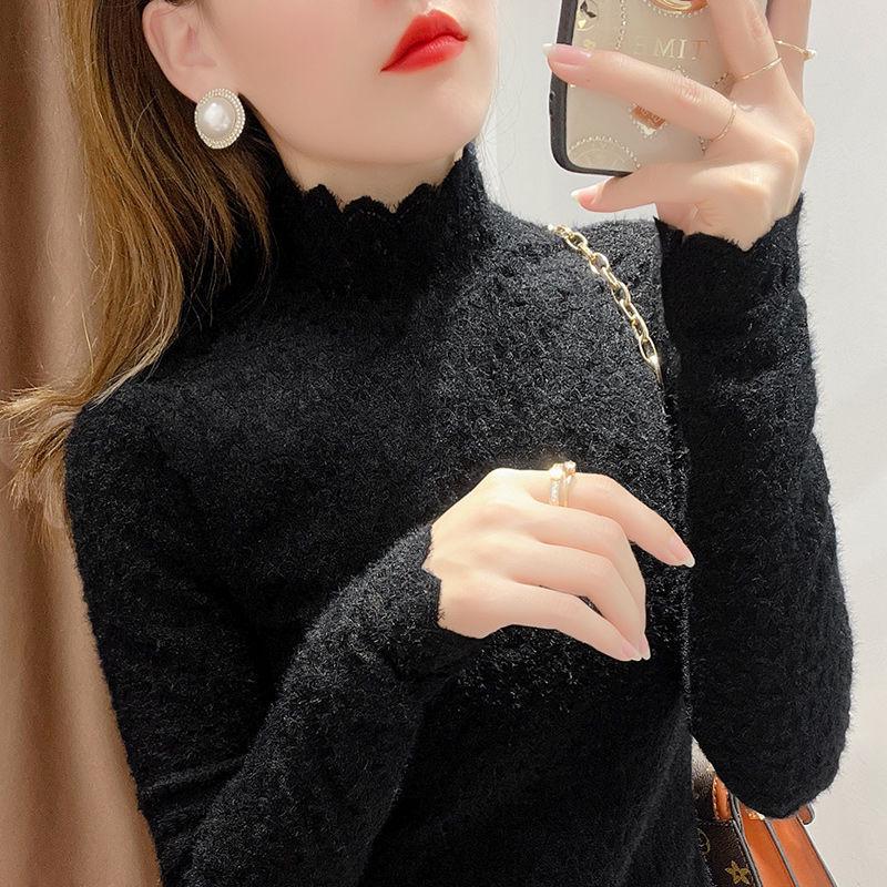 Women's Fleece-Lined Lace Base Layer Top: Stylish High-Neck Brushed Mesh Shirt for Autumn/Winter