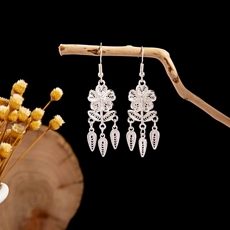 Imitation Miao Silver Ethnic Long Leaf Tassel Dangle Earrings