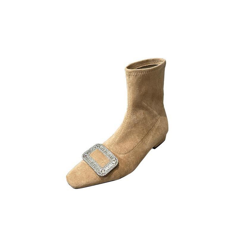 2025 strass fyrkantig spänne mocka små korta stövlar för damer höst och vinter nya platta klackade stövlar, sammet mångsidiga fyrkantig tå korta stövlar