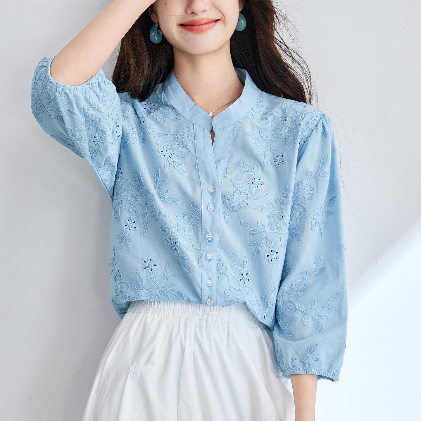 

Рубашка с V-образным вырезом, вышивкой и рукавом три четверти, женская, новая, из чистого хлопка, с темпераментом, простая верхняя рубашка XXXL небесно-голубой