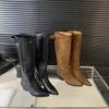 Retro Suede Leather Pleated Buckle Belt Zipper Women Knee High Boots Pointed Toe Thick Heels Western Cowboy Shoe 2 Ways To Wear