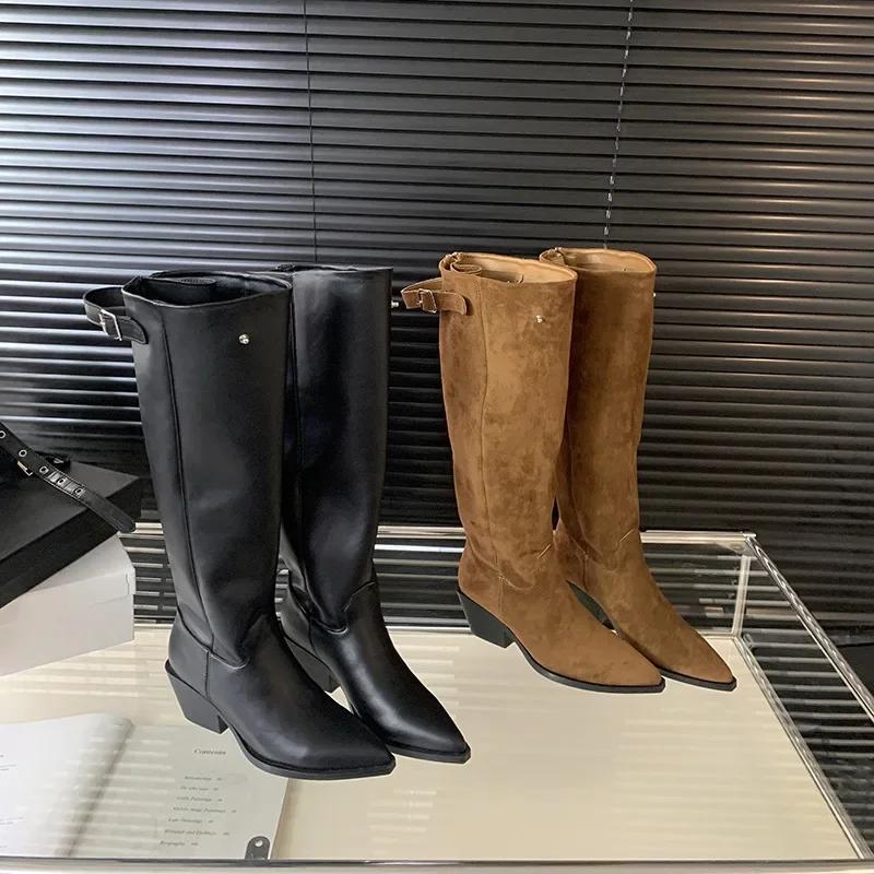 Retro Suede Leather Pleated Buckle Belt Zipper Women Knee High Boots Pointed Toe Thick Heels Western Cowboy Shoe 2 Ways To Wear