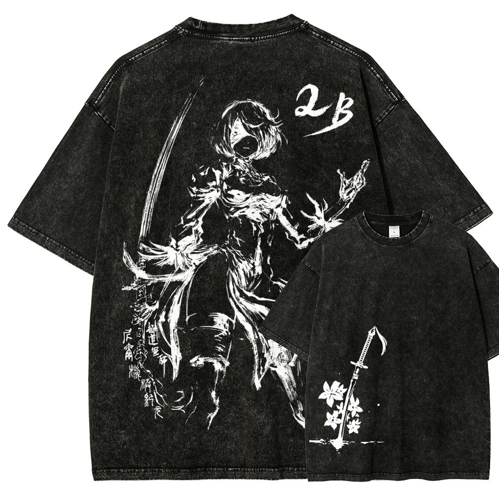 NieR Replicant Kaine Vintage Anime T-Shirt, Unisex Spielcharakter Streetwear Tee, Gewaschenes Baumwoll Casual Kurzarm Top