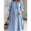 Women's Mid-Length V-Neck Cotton-Linen Dress with Short Sleeves and Three-Button Pockets