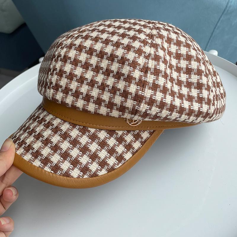 Frühling und Herbst Leder Spleiß Karomuster achteckige Mütze Kinder Metalllabel Retro vielseitige Baskenmütze Schiebermütze Tide
