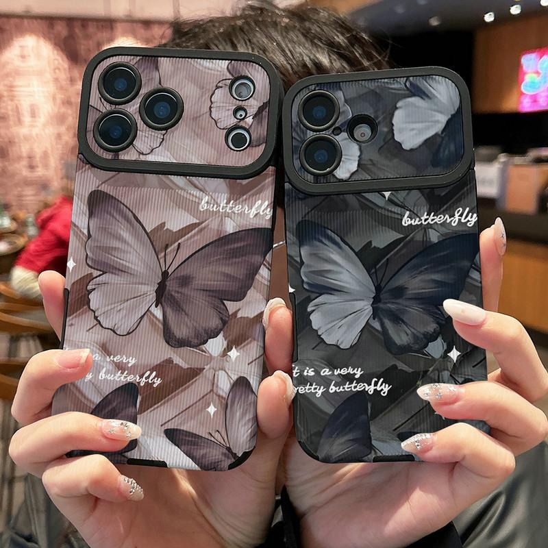 Butterflies Printed Vertical Grain Leather Soft Silicone Phone Case Back Cover with Camera Lens Full Protection for iPhone 17