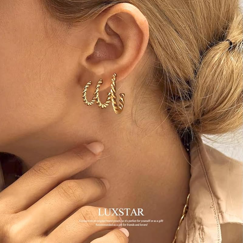 LUXSTAR Twisted Hoop Earrings Thickness 4mm Ring Earrings Big Thick Stainless Both Ears Ladies Men's South Korea Simple Brand (gold Gold, 25mm)