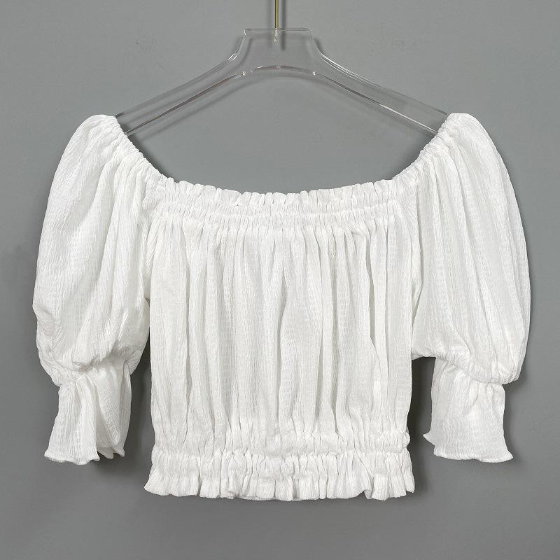 Korean Ruffled Off-Shoulder Puff Sleeve Lace Cropped Top