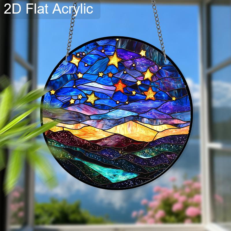 Acrylic Starry Night Sky and Mountains Suncatcher, Stained Glass Style Window Hanging Ornament for Celestial and Landscape Lovers