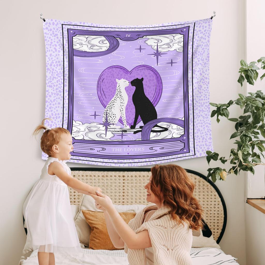 VIKAMA Leopard Print Purple Valentines Day Tapestry Tarot Lovers Theme Wall Hanging Bedroom Dormitory Decorative Tapestry