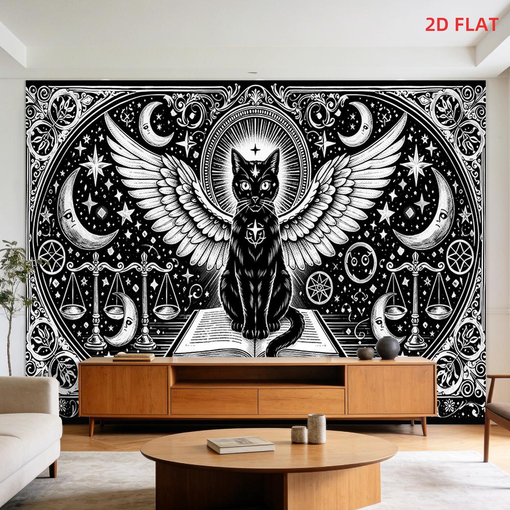 Boho Black Cat Celestial Witchy Tapestry Wall Decor Astrology Moon Star Gothic Polyester Fabric Art Print for Living Room Bedroo