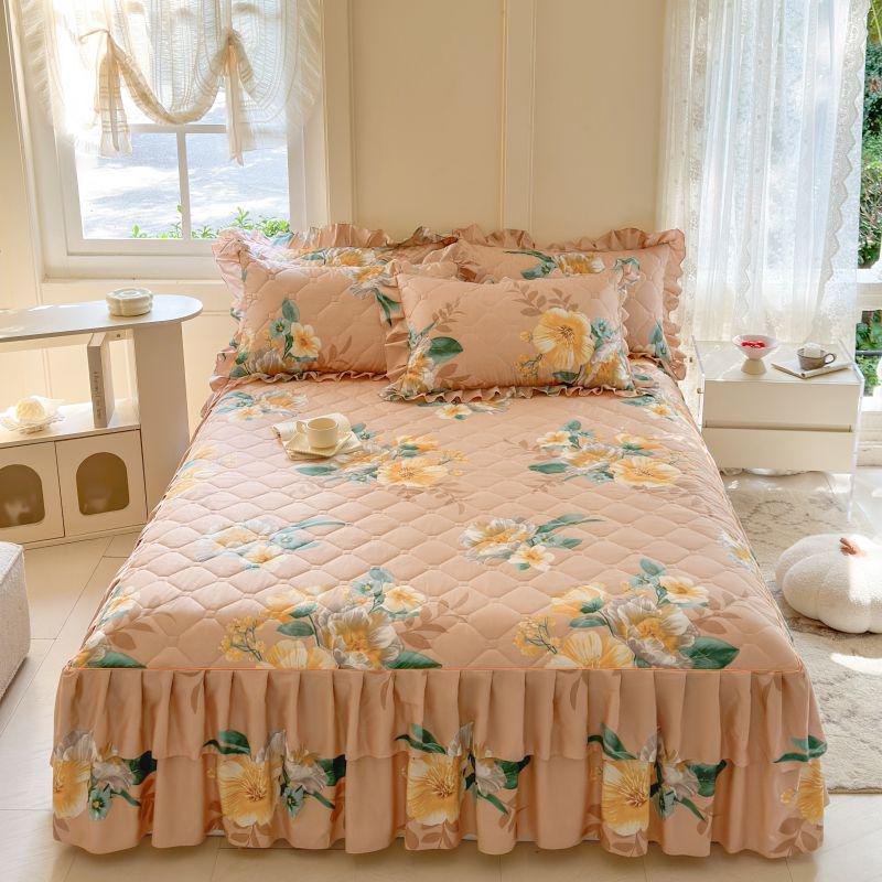 Fustă de pat prințesă matlasată cu dantelă în stil coreean – Cuvertură de pat groasă, din mătase periată, rezistentă la praf