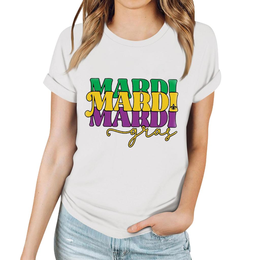 Women's Casual Carnival Print T-Shirt Round Neck Pullover Short Sleeve Top