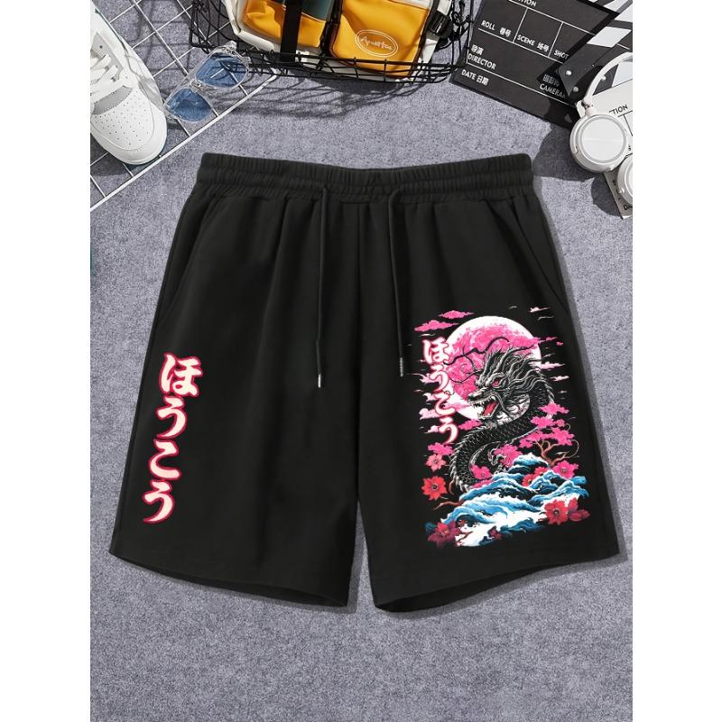 Men's Color-block Printed Shorts with Dragon and Letter Patterns, Featuring A Drawstrin Summer Street Fashion Shorts