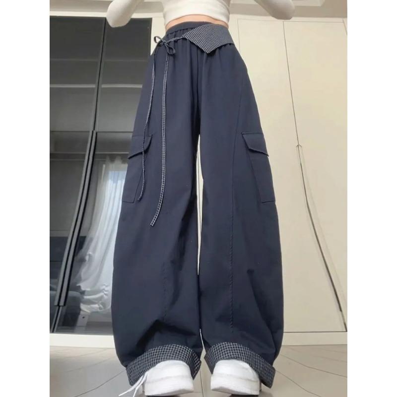 Women s Navy Blue Elastic Waist Drawstring Cargo Pants With Plaid Cuff Detail S темно-синий