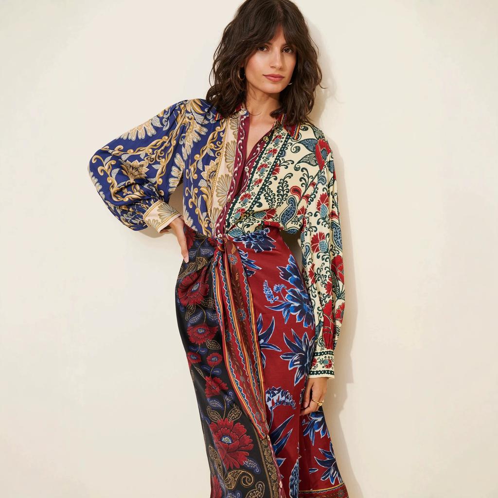 European and American Retro Ethnic Style Color Matching Printed Shirt Dress Strap Waist Split Temperament Holiday Style Medium and Long Dress