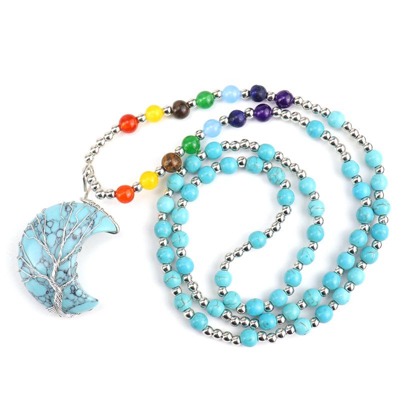 New Gold Plated Copper Wire-wrapped Moon Natural Stone Lucky Tree Necklace Colorful Bead Sweater Chain N563