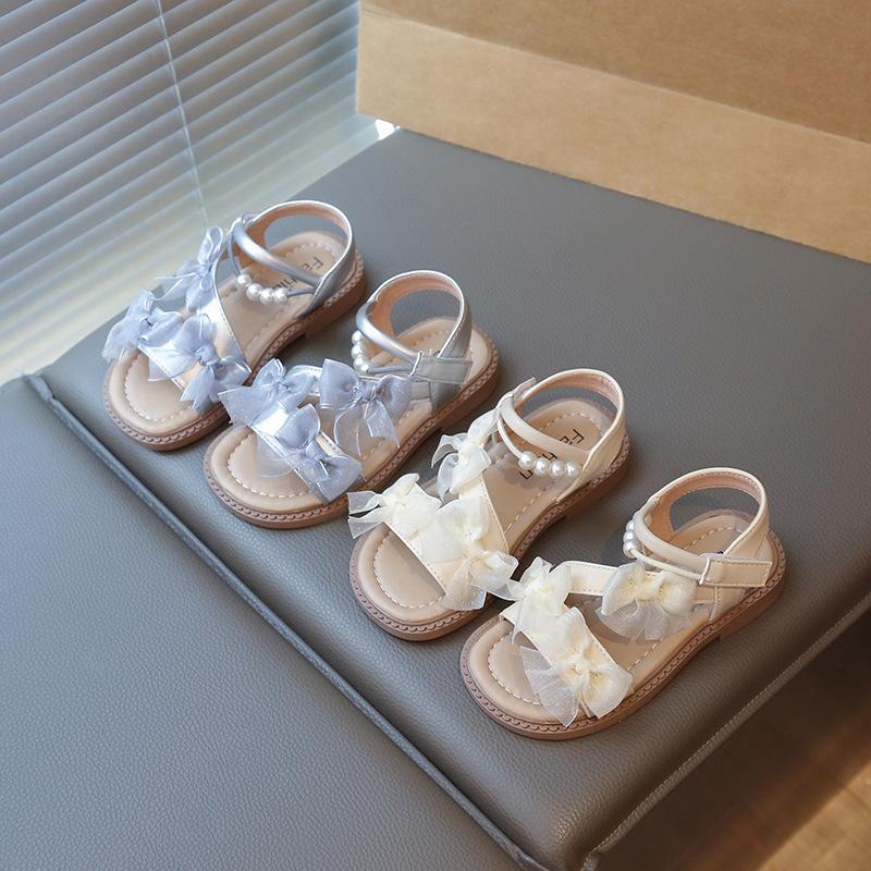 Girls Beach Shoes Open Toes Breathable Kids Sandals Non-slip Hook&loop 2025 Summer New Children Princess Shoes Lace Bows Sweet