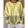 Women's Three-Button Henley Collar Waffle Long-Sleeve Top, Featuring a Contrasting Stripe Patchwork Design.