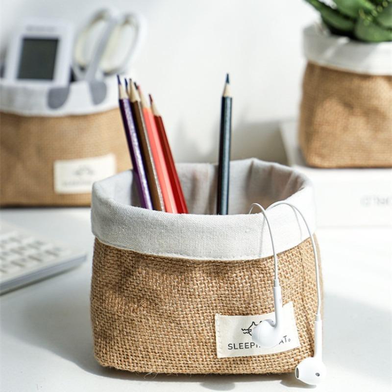 1pcs Cotton Linen Storage Basket Hanging Desktop Organizer for Cosmetics Keys & Sundries Home Storage Basket