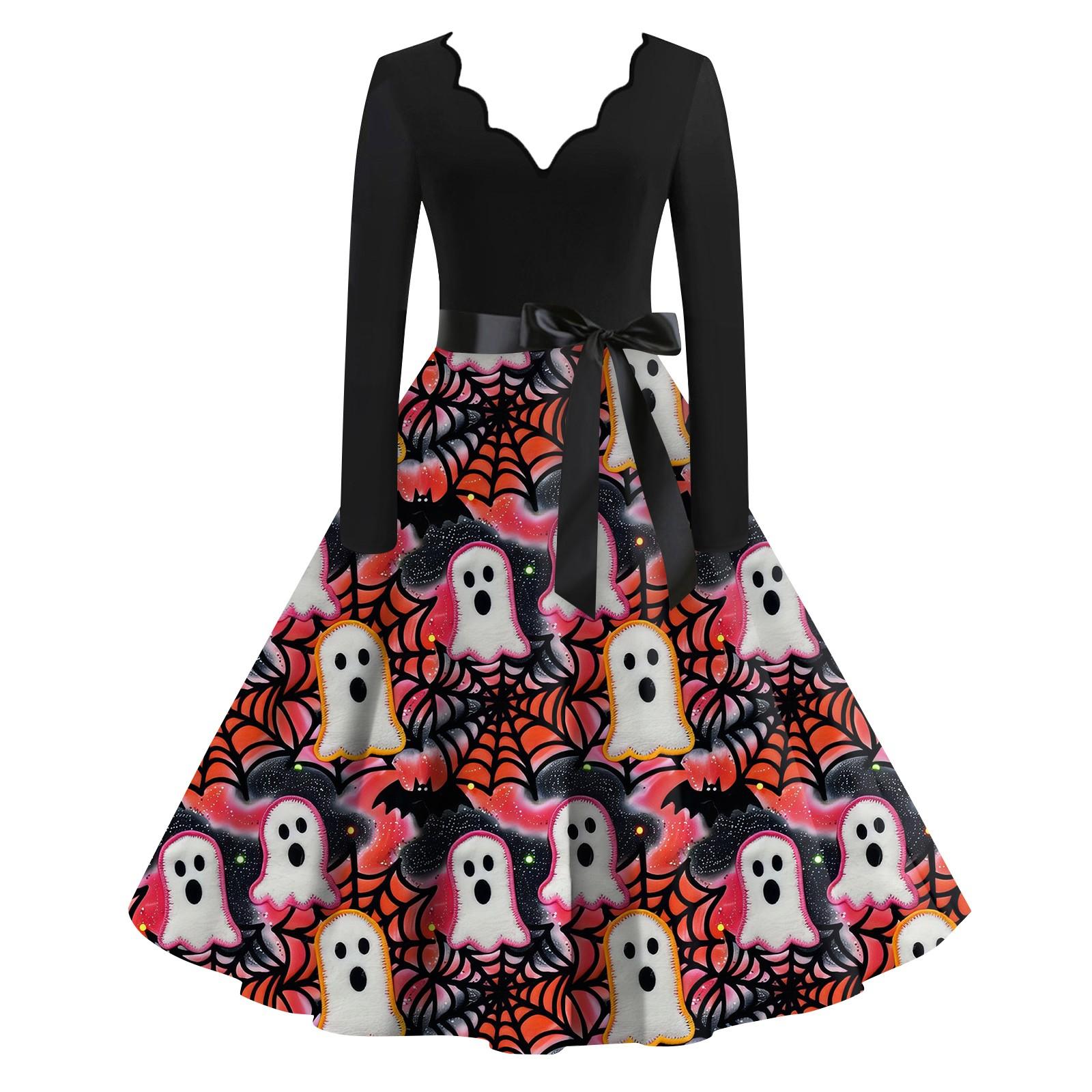 

Женская повседневная мода с длинным рукавом Хэллоуин принт винтажные длинные платья осень L