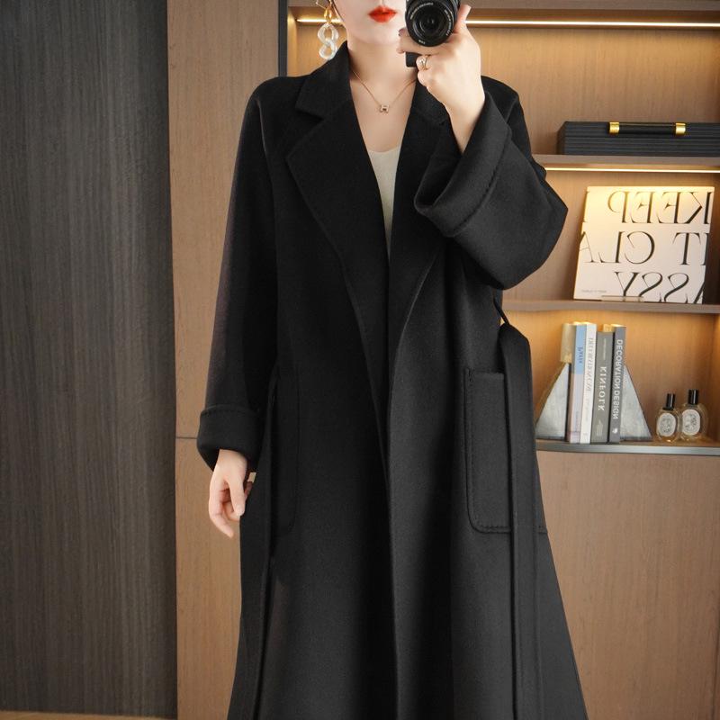 Women's Extra Long Double-Sided 100% Wool Coat with Belt for Autumn and Winter