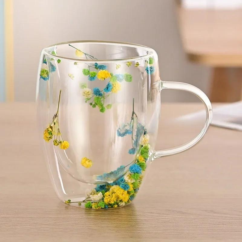 Creative  Flower Pattern Double Wall Glass Cup Clear Heat Resistant High Borosilicate Glass Coffee Mugs  Hot Cold Beer Mug Gift