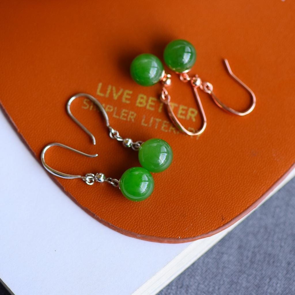 Hotan Jade Jasper S925 Silver Inlaid Bead Earrings