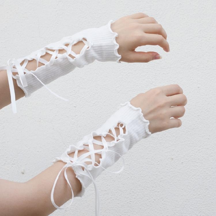 Gothic Frilly Fingerless Gloves Lace-Up Ribbon Ribbed Knit Arm Warmers for Women