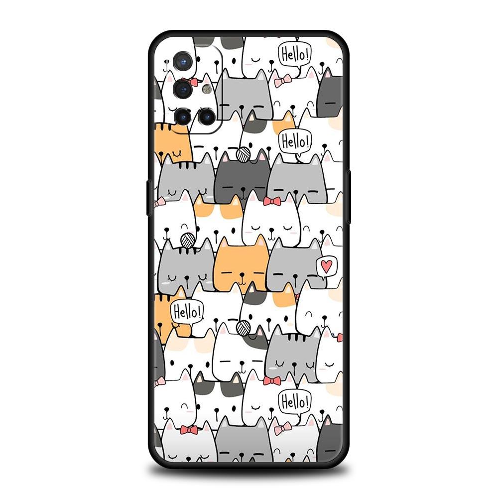 Cartoon Cats Background For OnePlus 10 Pro 9 8T 8 Nord N10 7 7T 9R Phone Case For 1+ Nord 2T CE 2 N100 N200 Z 5G Black Cover