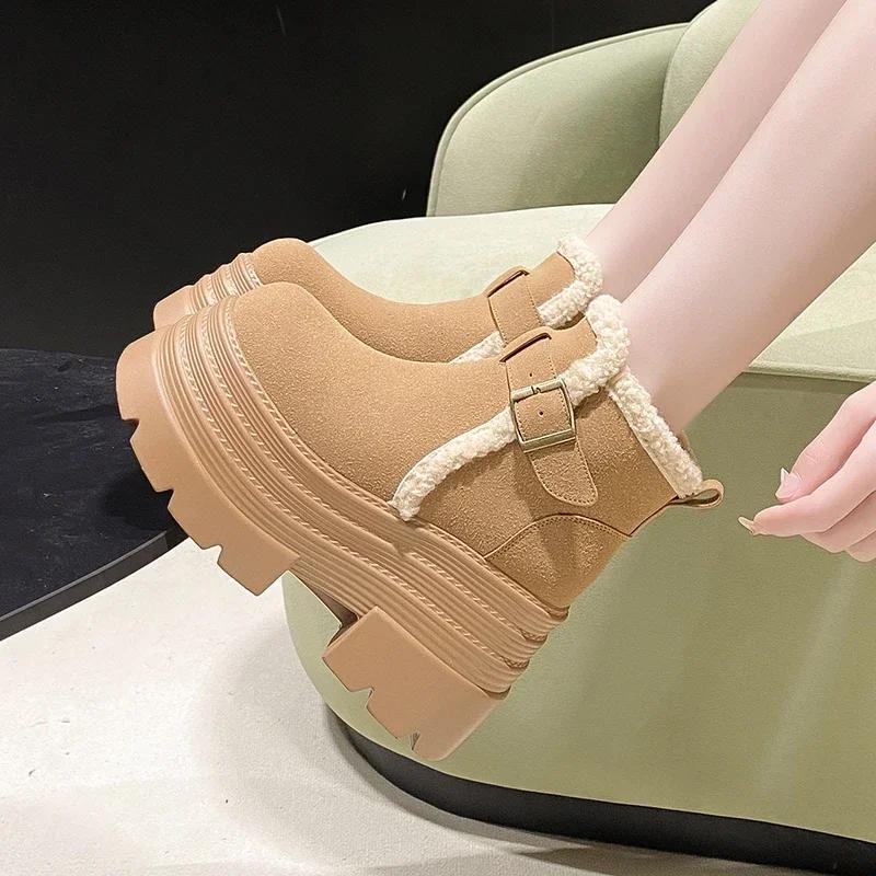 Fashion 10CM New Winter Women's Warm Snow Boots Outdoor Plush Ankle Shoes Anti-skid Chunky Leather Sneakers Buckle Short Fur Boots Woman
