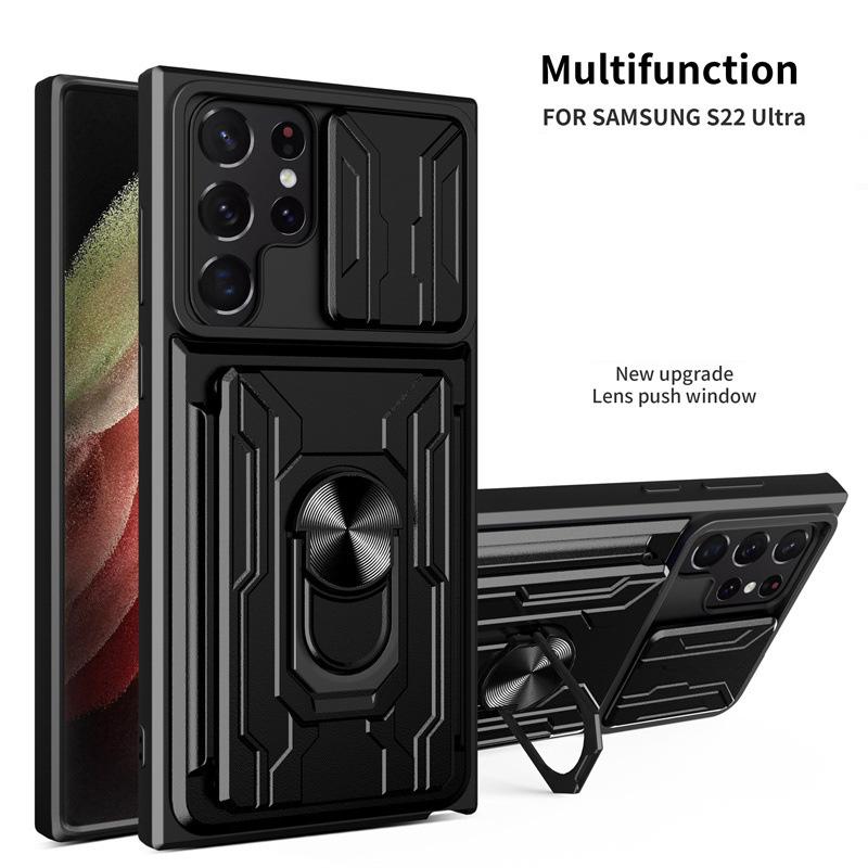 Schiebekamera-Schiebefenster-Kartensteckplatz-Ständerringhülle für Samsung Galaxy S25 S24 Ultra S23 S22 S21 S20 Plus, magnetische Hochleistungsschutzhalterung