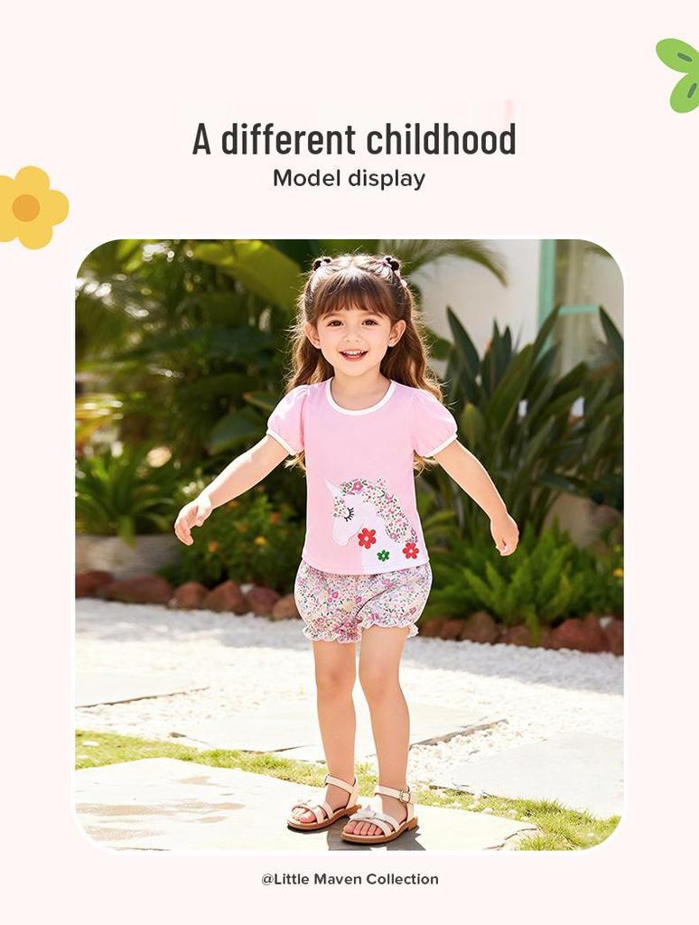 Little Maven Summer Girls' Chic European & American Style Cartoon Clothing Set
