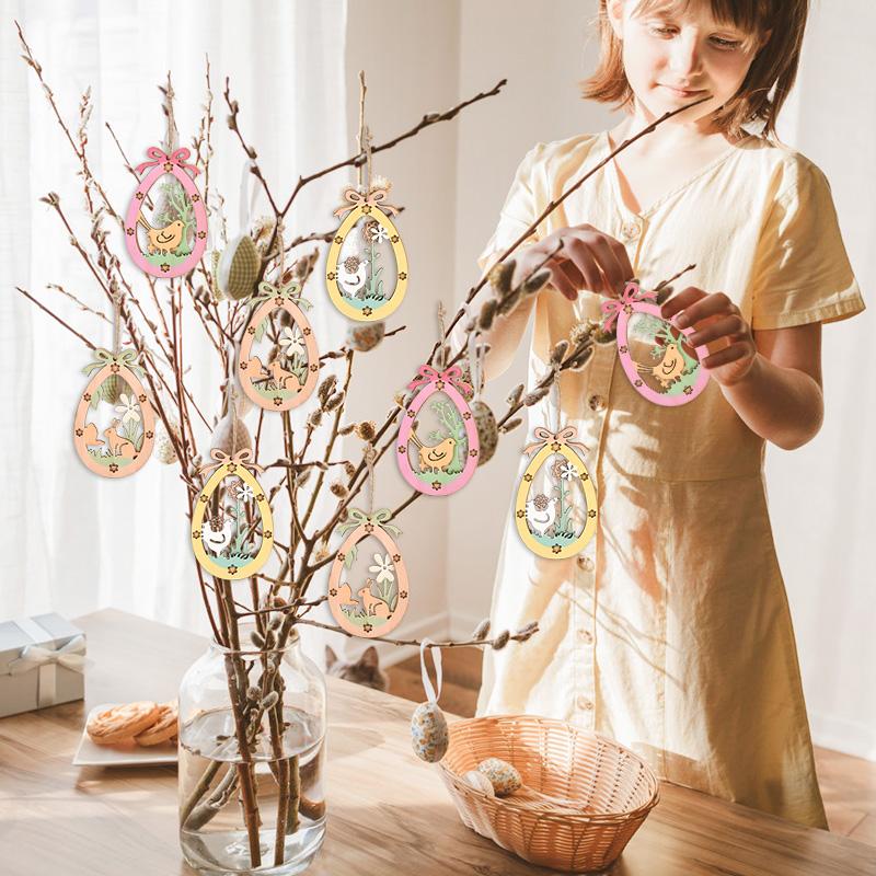 3Pcs Easter Cute Bunny Eggs Wooden Ornament Hanging Pendants with Rope 2025 Easter Home Decoration Kids Party Toy Gift Favors