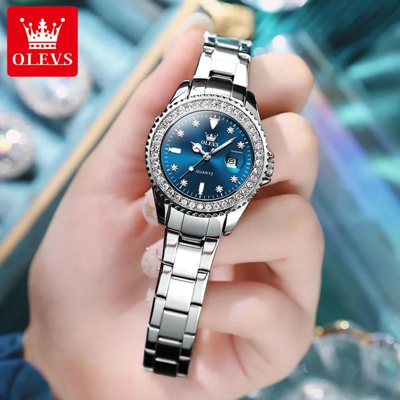 OLEVS Kvartsklokke for kvinner Diamond Dial Luxury Rustfritt stål Vanntett Elegant Dame Mote Topp Merke Dameklokke