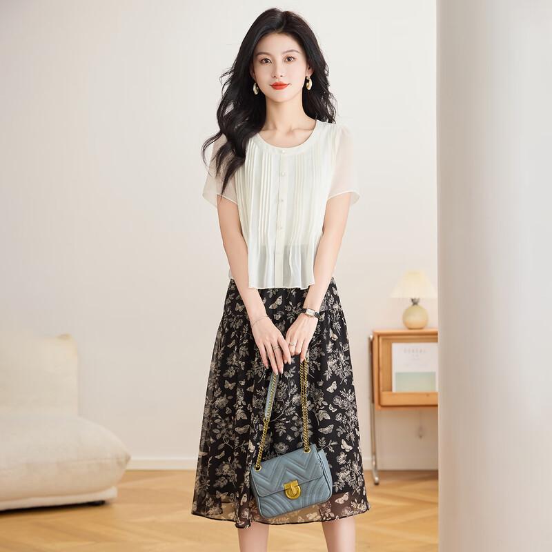 

Kebbeier Elegant Chiffon Printed Faux Two-Piece Summer Dress 3XL