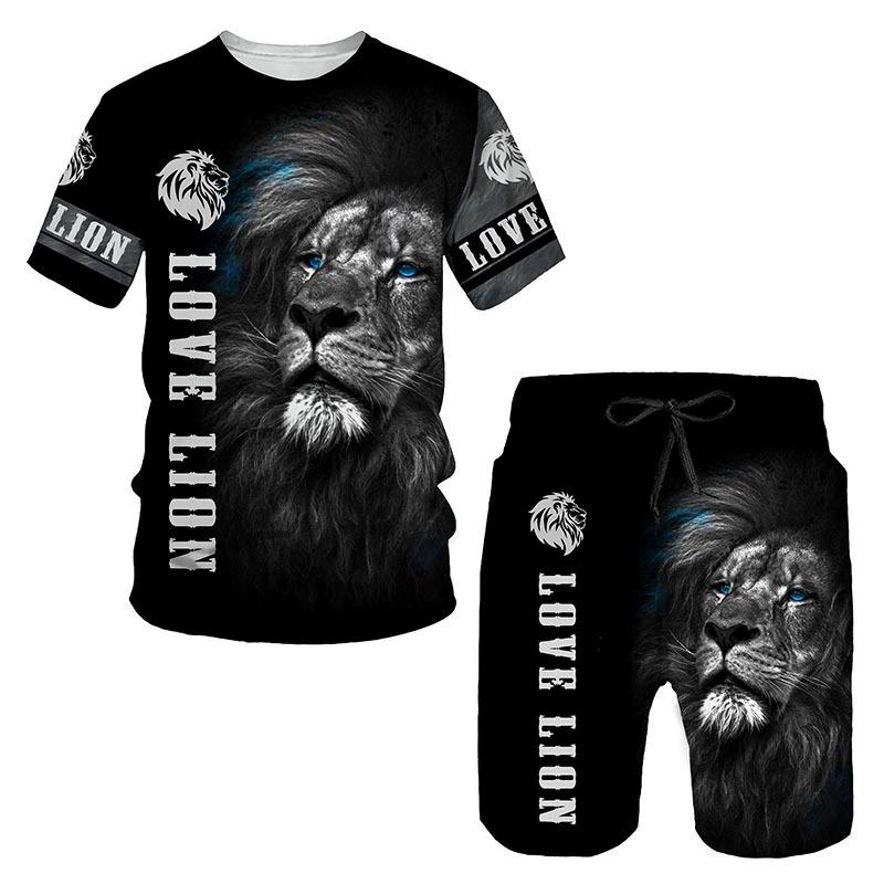 Mode 3D Imprimé Lion Vêtements de Sport Homme Ensemble 2 pièces Été T-shirt Short