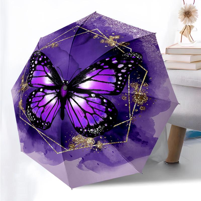 Golden Butterfly Pattern Folding Umbrella Fashion Auto-Open 8 Iron Ribs Plastic Handle Foldable Sunshade Perfect Christmas Gifts