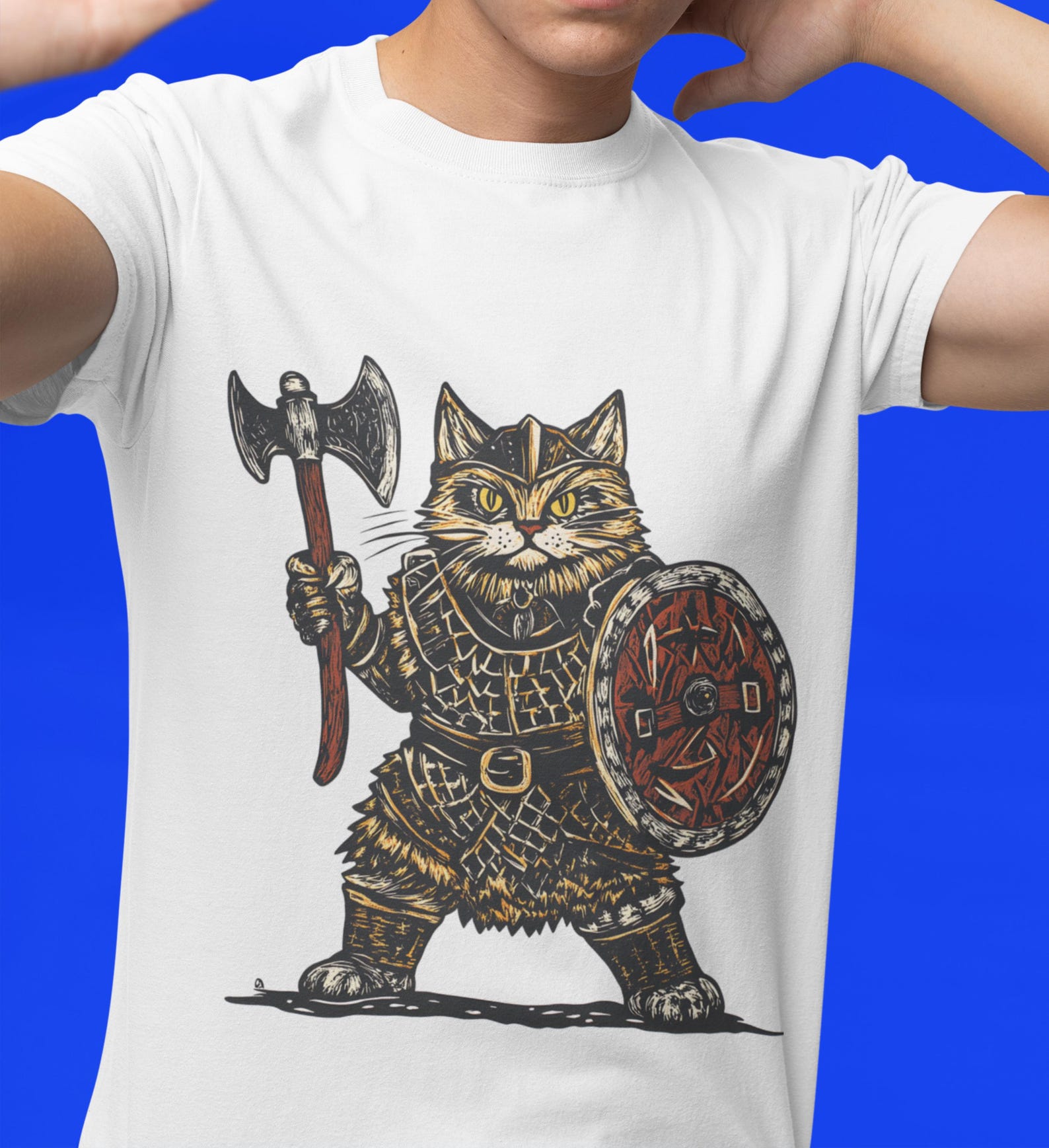 Viking Cat T-Shirt, Norse Warrior Graphic Tee 3XL