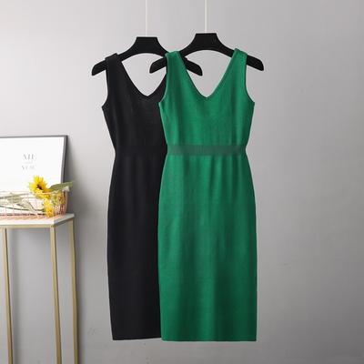 V-Neck Knit Dress Sleeveless Summer Dress High Waist Knit Dress for Women Solid Color Dress Office Dresses Back Slit Ruched Dresses